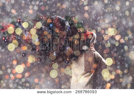 Christmas Gift Concept. Man In Santa Hat Bring Gift For You. Attractive Man Hold Box.  Christmas And