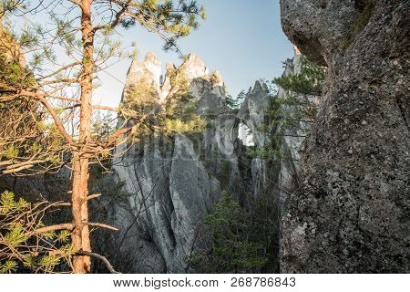 Goticka Brana Natural Arch In Sulovske Skaly Mountains In Slovakia During Autumn Morning With Clear 