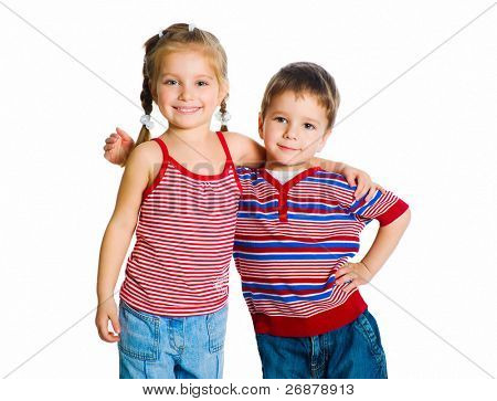 little boy and girl hugging isolated on white