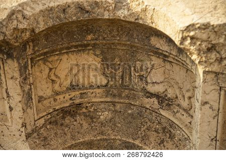 Carved Decors Of Ancient Heliopolis. Baalbek, Bekaa Valley, Lebanon.