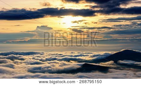 Beautiful Nature Landscape The Sun Is Above The Sea Fog That Covers The Mountains And Bright Sky Dur