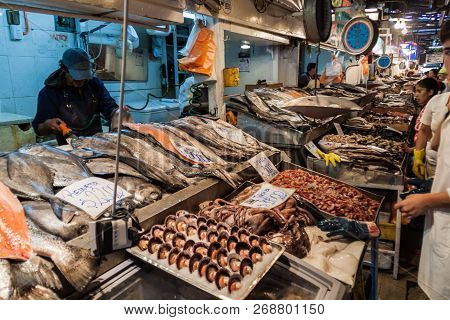 Santiago, Chile - March 28, 2015: Fresh Fish And Seafood On Mercado Central Market In The Center Of 
