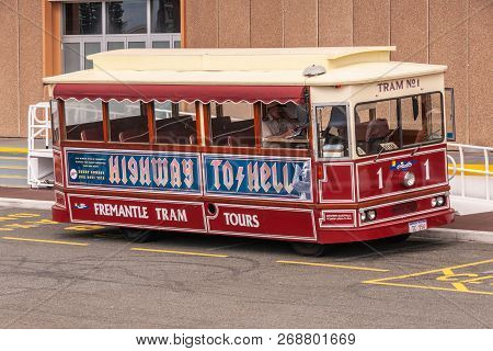 Fremantle, Australia - November 25. 2009: Maroon Tour Tram Called Highway To Hell Parked In Front Of