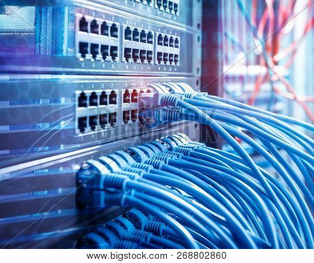 network cable connecting on network core switch close up