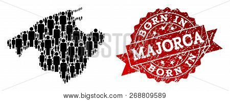 People Crowd Collage Of Black Population Map Of Majorca And Grunge Stamp. Vector Red Seal With Grung