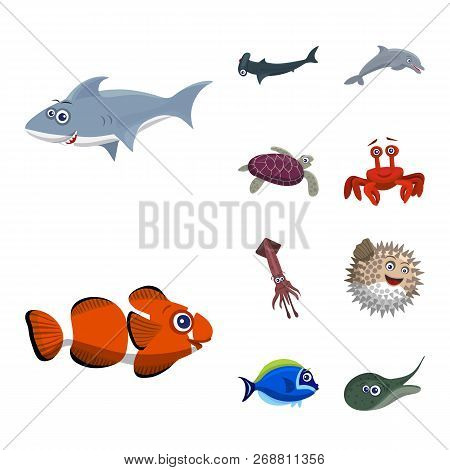Vector Design Of Sea And Animal Sign. Set Of Sea And Marine Stock Vector Illustration.