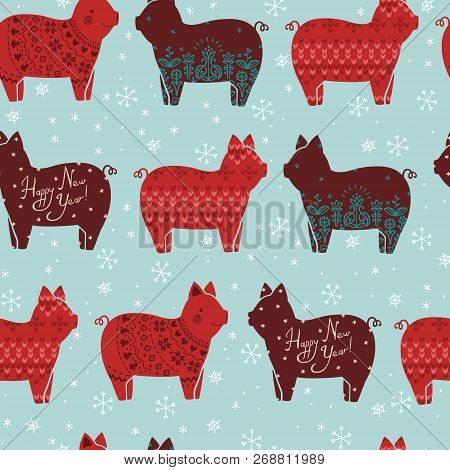 Seamless New Year Pattern With Decorative Stylized Pigs And Snowflakes