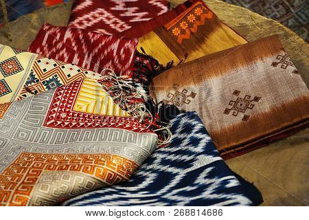Traditional Handwoven Hmong Textile Fabric Designs At A Market In Luang Prabang, Laos, Southeast Asi
