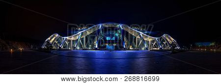 Vladivostok, Russia - November 11, 2018: Evening Illumination Of The Facade Of The Building Of The O