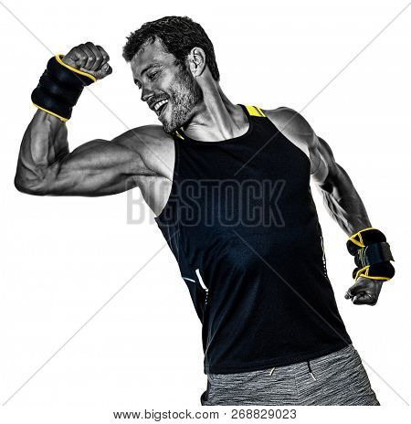 one caucasian fitness man exercising cardio boxing exercises in studio  isolated on white background