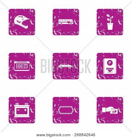 Motorsport Icons Set. Grunge Set Of 9 Motorsport Vector Icons For Web Isolated On White Background