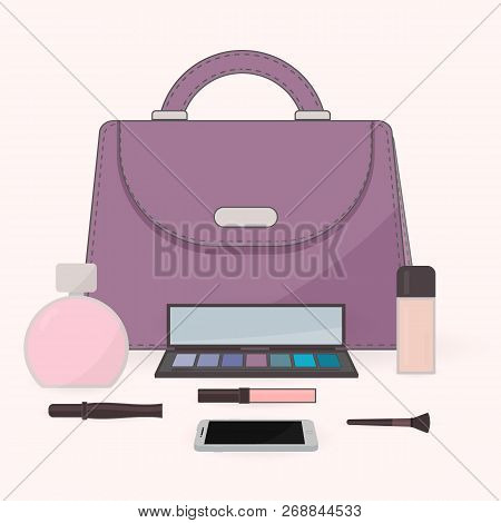 The Contents Of A Woman's Bag. Purse, Perfume, Cosmetics And Mobile Phone. Vanity Table. Concept Of 