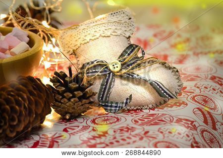 Christmas And New Year's Winter Holiday Christmas Stocking On The Table. Composition. Garland, Deer 