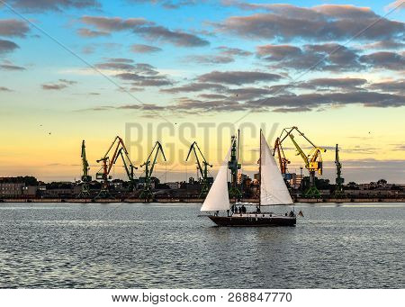 Klaipeda, Lithuania - August 22, 2017: Evening View On Klaipeda Port, Yacht And Curonian Lagoon