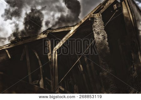 Damaged Industry Supermarket After Arson Fire With Burn Debris Of Twisted Metallic Wood Structure Af