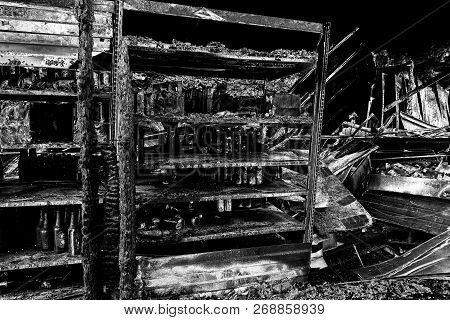 Damaged Industry Supermarket After Arson Fire With Burn Debris Of Twisted Metallic Wood Structure Af
