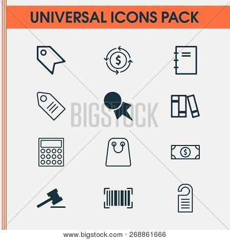 E-commerce Icons Set With Paper Tag, Microcomputer, Badge And Other Discount Coupon Elements. Isolat