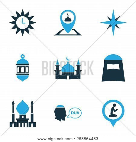 Ramadan Icons Colored Set With Beg, Location, Qiblah And Other Gods House Elements. Isolated  Illust