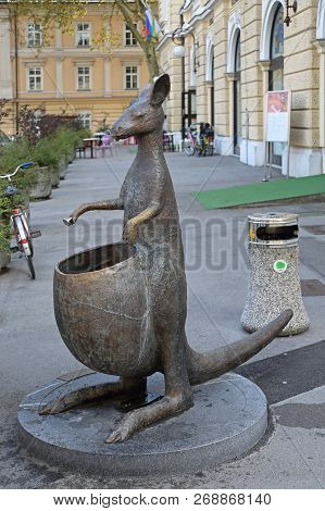 Ljubljana, Slovenia - October 12, 2014: Drinking Fountain In Front Of Puppet Theatre At Krek Square 