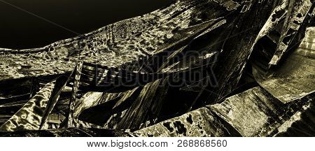 Damaged Industry Supermarket After Arson Fire With Burn Debris Of Twisted Metallic Wood Structure Af