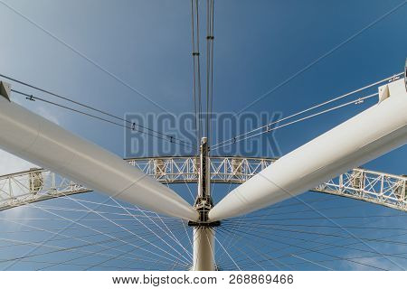 London, England - 25th October, 2018: London Eye Base Estructure With Blue Sky In The Background, In