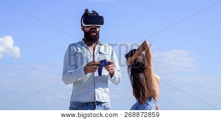 Guy Play Sex Cyber Game. Man Bearded Hipster Play Cyber Simulation Game In Vr Glasses While Naked Gi