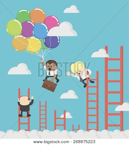 African Businessman  Compete By Climbing Higher Up The Ladder. A Leader Is Flying Faster On Balloon