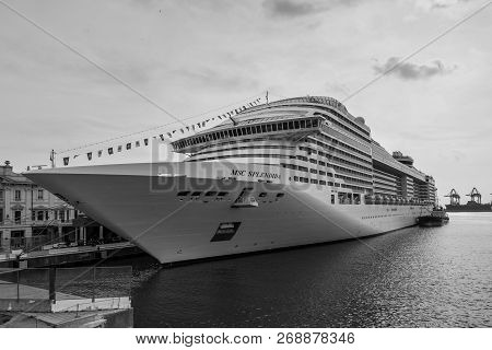 Genoa, Italy - October 28, 2017: Msc Splendida, A Cruise Ship Owned By Msc Cruises Moored In The Por