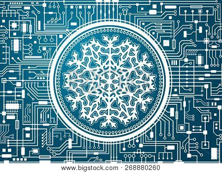 Blue Christmas Chipset Background With Huge White Snowflake In The Center. Futuristic Holiday Techno