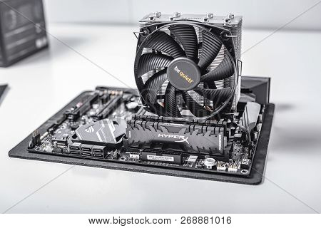 Uzhgorod, Ukraine - October 25, 2018: Installing Random Access Memory Kingston Ddr4 Hyperx Predator 