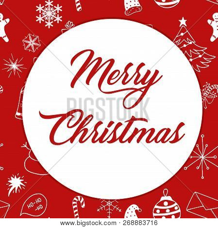 Seamless Christmas Pattern White Objects With Red Text Merry Christmas On Redbackground.