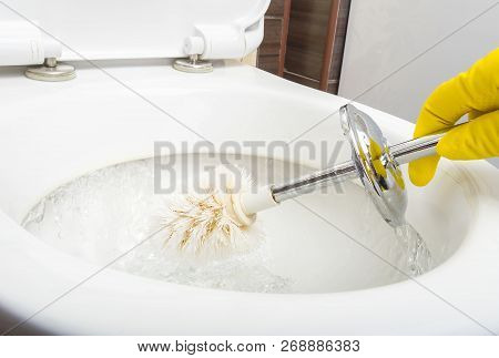 The Cleaner In The Bathroom Washes The Toilet With A Brush. Close Up.