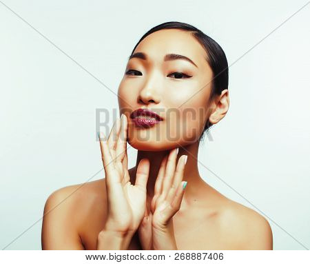Young Pretty Brunette Asian Woman Emotional Posing, Happy Smilin