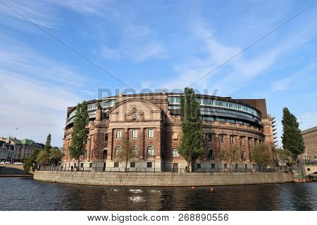 Riksdag (parliament Of Sweden) Building In Stockholm. Sunset Light.