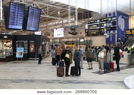 Gothenburg, Sweden - August 28, 2018: Passengers Visit Gothenburg Landvetter Airport In Sweden. It I