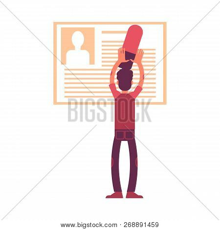 Vector Illustration Of Man With Big Eraser Deleting Personal Information From His Profile.