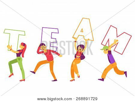 Vector Illustration Of Team Text Design With Various People Holding Big Letters.