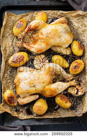 Roasted Chicken With Spices, Herbs, Garlis, Small Potatoes
