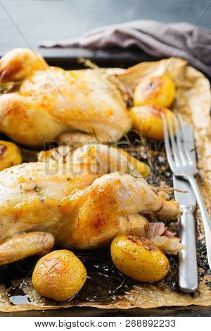 Roasted Chicken With Spices, Herbs, Garlis, Small Potatoes