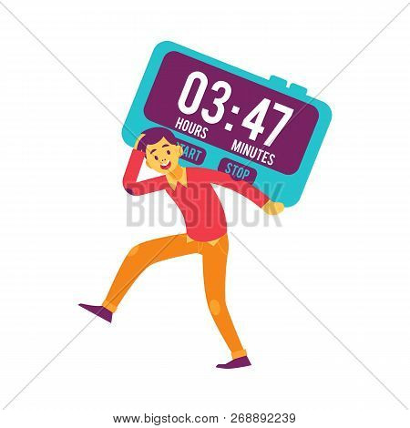 Vector Flat Man Holding Hourglass Running Smiling