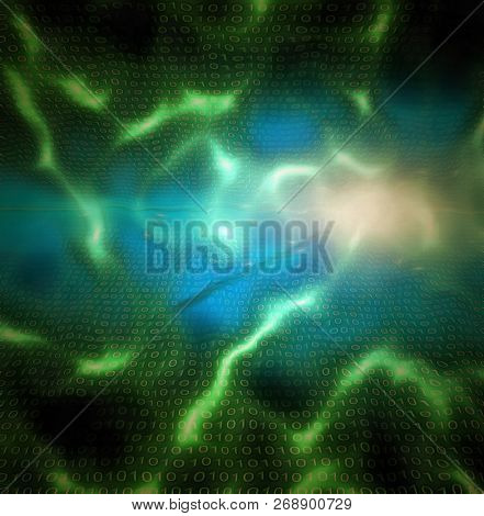 Lights and binary code. Digital space. 3D rendering