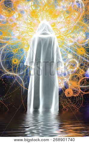 Figure in bright white cloak stands on water. 3D rendering