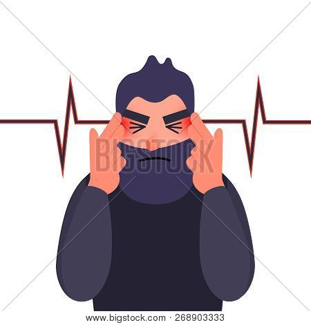 Unhappy Young Man With Severe Headache. Migraine, Health Problems And Pain Head. Throbbing Pain In T