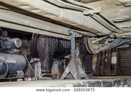 Forged Car For A Hundred. Car Repair. Car View From Below.