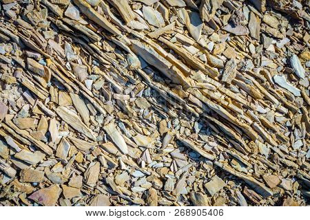 Close-up image of layered limestone in Al Hajar mountains of Fujairah, UAE