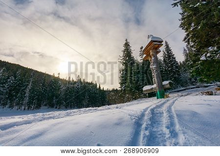 Synevyr, Ukraine - Jan 28, 2017: Statues Of Syn And Vyr On A Snowy Slope Among The Spruce Forest. Be