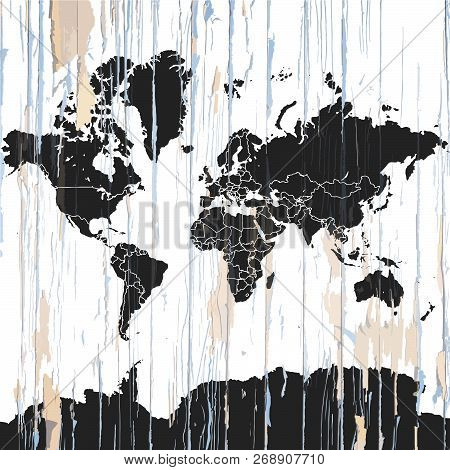Vintage World Map On Wooden Background. Vector Illustration Template For Wall Art And Marketing In S