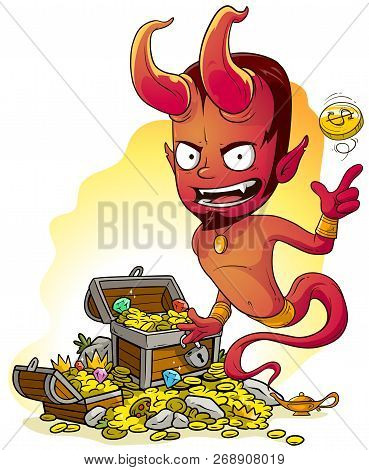 Cartoon Bearded Red Evil Jinn Devil Character With Lamp And Treasure Chest With Diamonds, Gold Coins