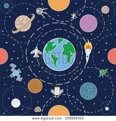 Seamless Pattern With Space And Planets. Vector Illustration With Stars And Orbits.