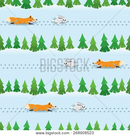 The Fox Running After The Hare Seamless Pattern. Chasing In The Winter Forest.